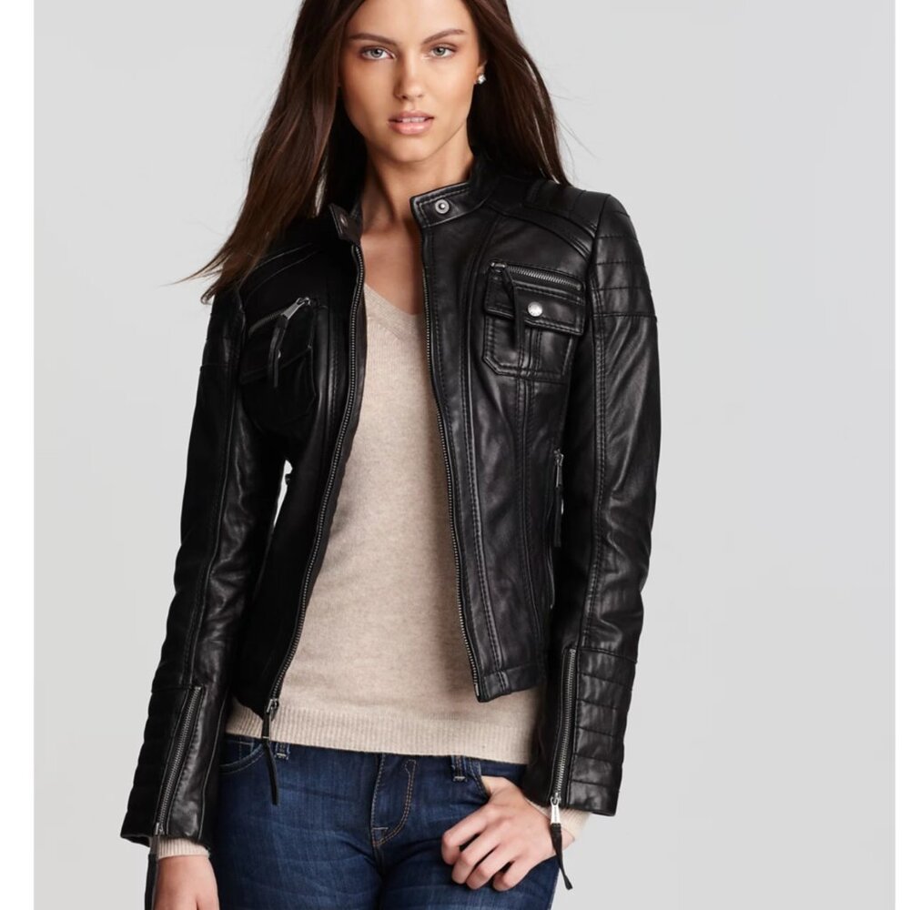 Michael Kors Zip Detail Moto Leather Jacket EUC Women's Size Small